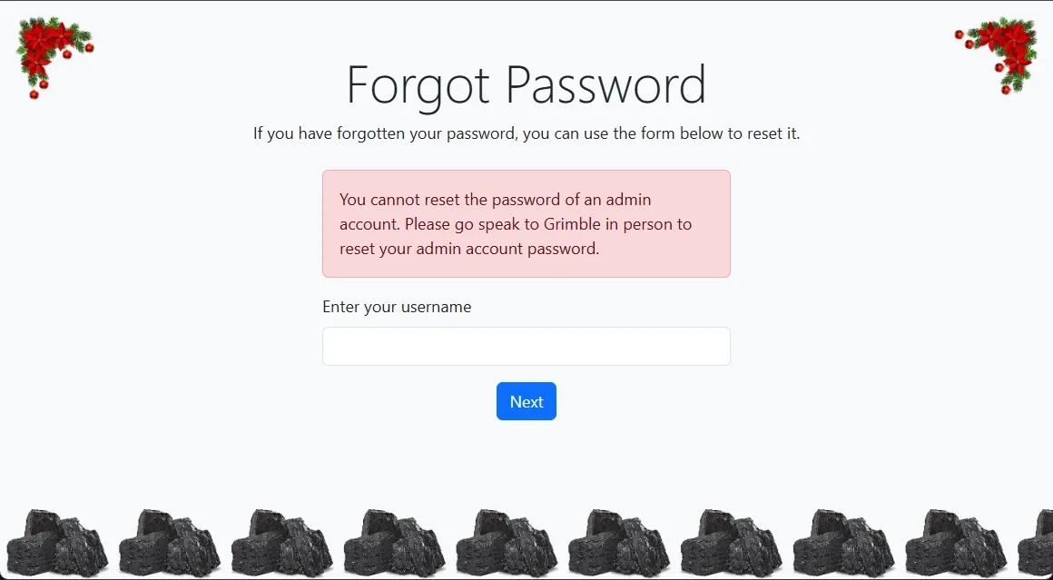 Hackvent 2024 - Day 10 - grimble.christmas Forgot Password Admin Error