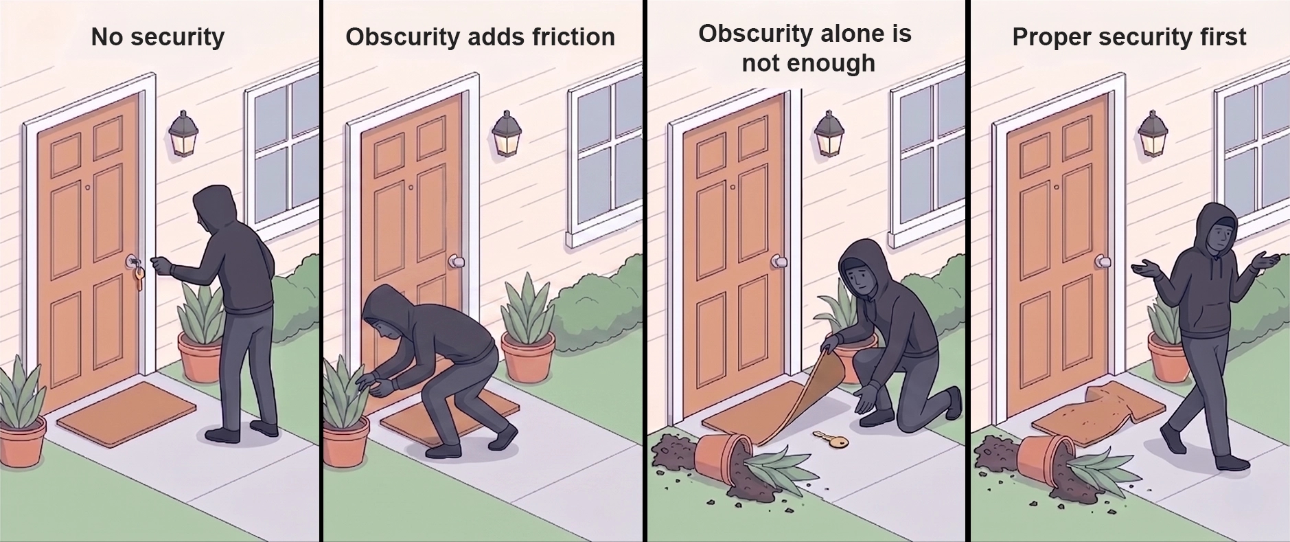 Four-panel infographic about security through obscurity using a house key analogy: key left in the door, key hidden under a doormat, key hidden under a pot, and finally a burglar shrugging while the caption says proper security should come first.