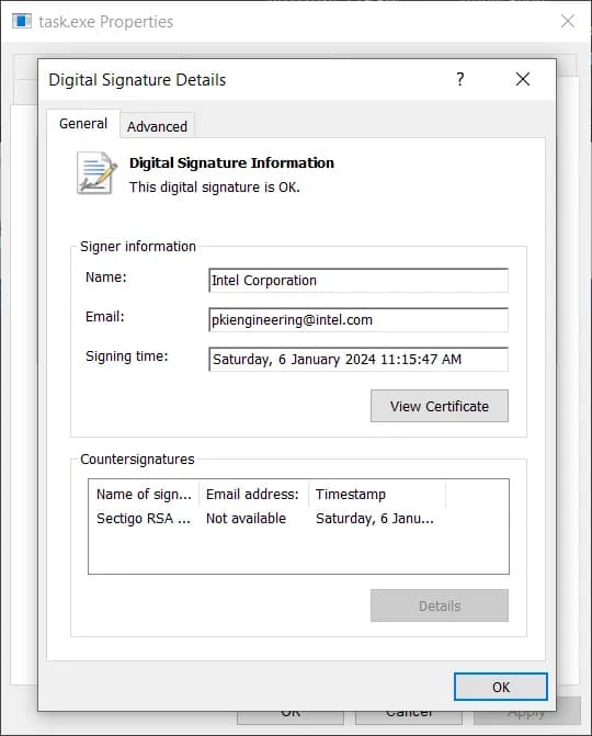 QUEEENCREEK task exe digital signature