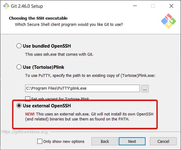 Git for Windows Installer external OpenSSH