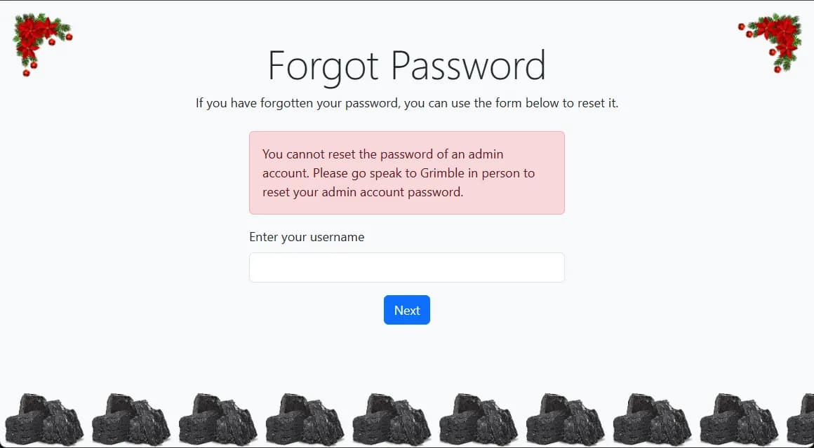 Hackvent 2024 - Day 10 - grimble.christmas Forgot Password Admin Error
