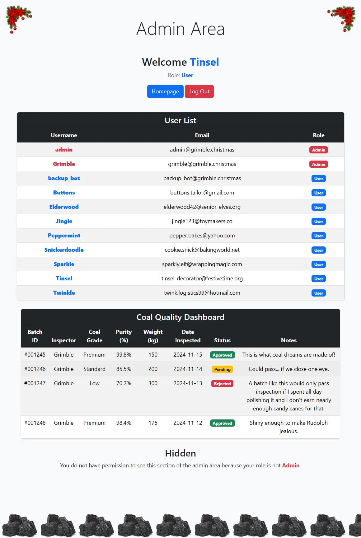 Hackvent 2024 - Day 10 - grimble.christmas Tinsel Admin Page