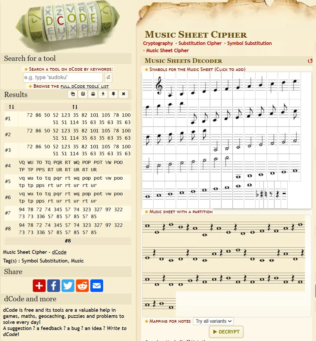 Hackvent 2024 - Day 15 - Dancer Music Sheet Cipher dcode.fr