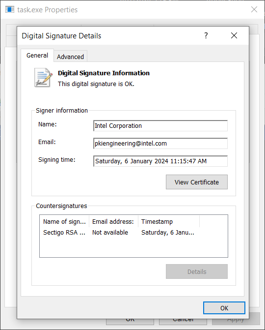 QUEEENCREEK task exe digital signature